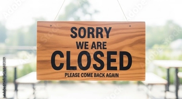 Fototapeta A wooden sign with sorry we are closed hangs, indicating business closure