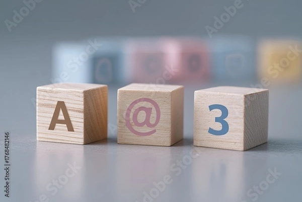 Fototapeta Wooden blocks display letter A, at symbol, and number 3