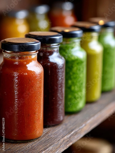 Fototapeta Colorful jars of sauces on a wooden kitchen shelf.