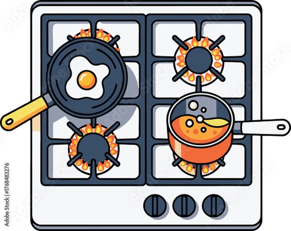 Fototapeta Top down view of a gas stove cooking a fried egg and boiling liquid.