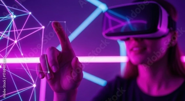 Fototapeta Woman in vr headset interacting with digital interface in a neon lit environment