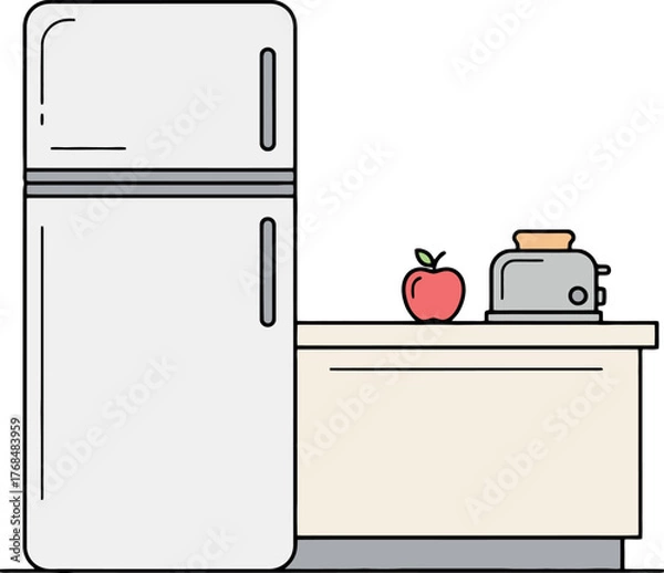 Fototapeta Kitchen appliances including a refrigerator and toaster with an apple on the counter.