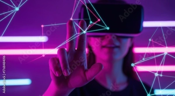 Fototapeta Woman experiencing virtual reality with futuristic technology and digital interface