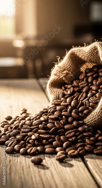 Obraz Aromatic Coffee Beans Spilling from a Burlap Sack Morning Brew Essence