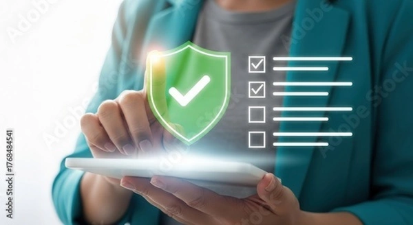 Fototapeta Person using digital tablet for data protection and security with shield icon