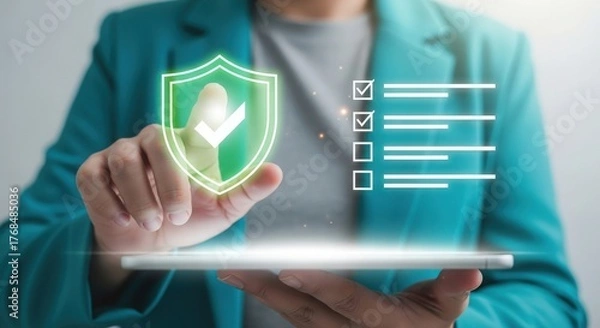 Fototapeta Person using digital tablet with security shield and checklist for protection