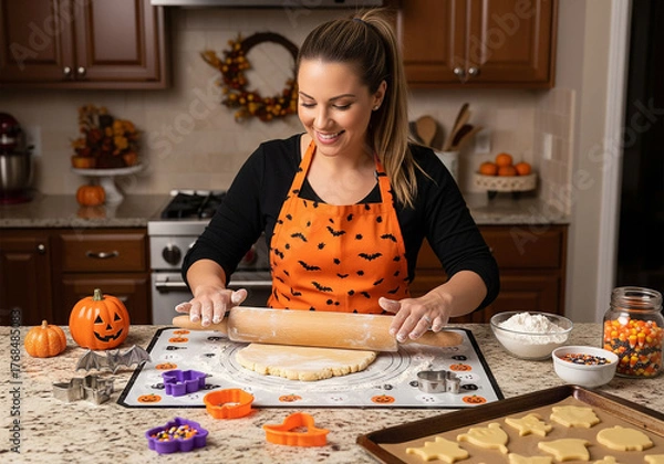 Obraz Woman Baking Halloween Cookies with Rolling Pin in Kitchen