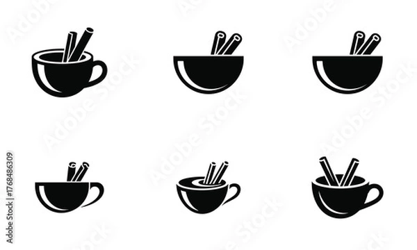 Fototapeta Black Coffee Cup and Spoon Silhouette Set – Minimal Vector Icons for Café, Restaurant, and Beverage Design