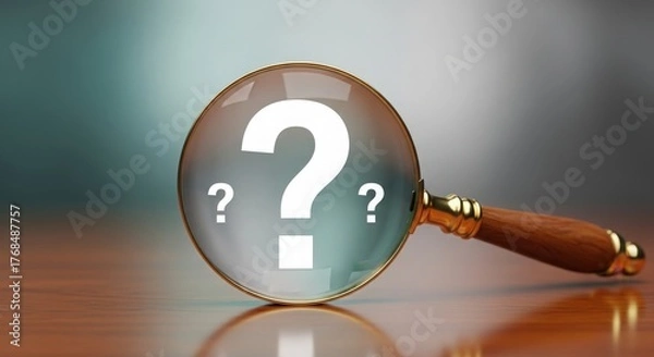 Fototapeta A magnifying glass focusing on question marks to represent uncertainty and inquiry