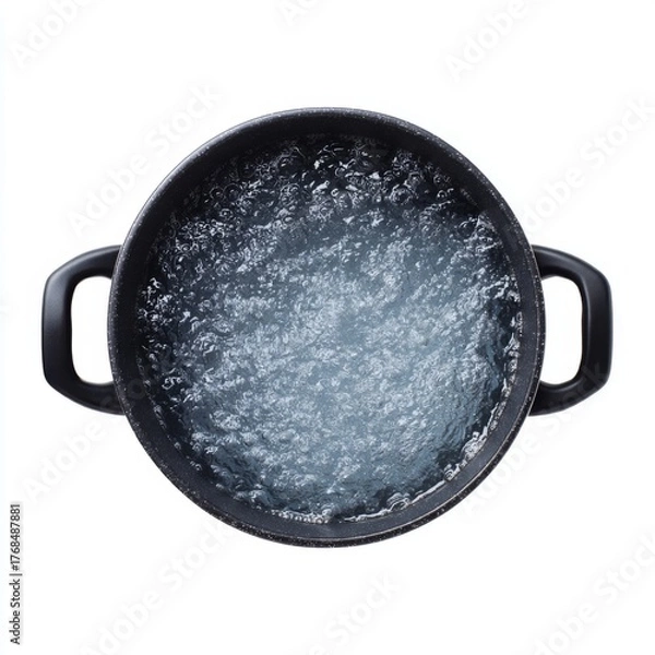 Obraz Close-up View of Boiling Water in a Black Cooking Pot Against a White Background