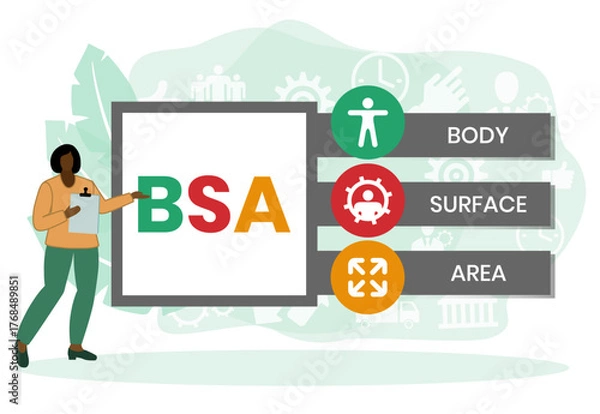 Fototapeta BSA - Body Surface Area acronym. business concept background. vector illustration concept with keywords and icons. lettering illustration with icons for web banner, flyer