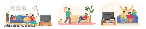 Obraz People play games. Family online video watching together or dad at home weekend leisure, happy character sitting on sofa. Kid boy, man or woman hold joystick or smartphone vector illustration