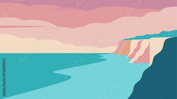 Fototapeta Abstract coastal landscape with pink clouds and turquoise sea
