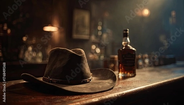 Fototapeta A cowboy hat and a bottle of whiskey on a bar counter