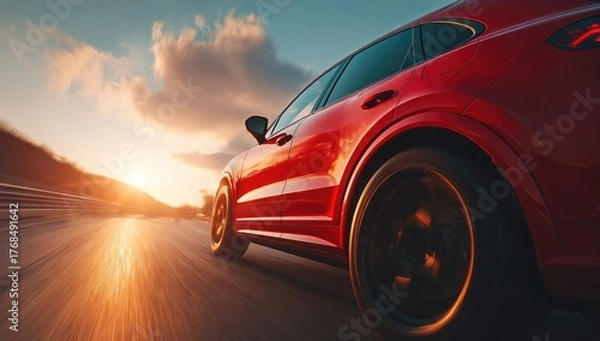 Fototapeta Red SUV speeding down a road at sunset (1)