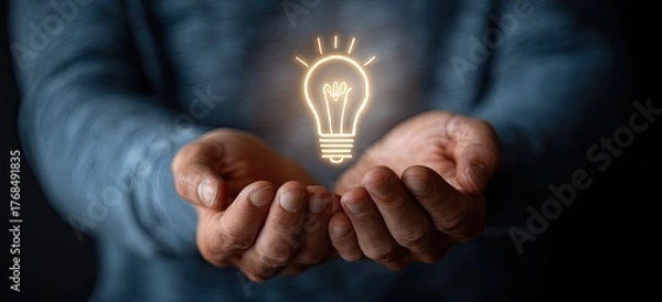 Obraz Hands cradle a glowing incandescent light bulb symbolizing a bright idea
