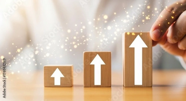 Fototapeta Hand arranging wooden blocks with arrow pointing upwards representing growth