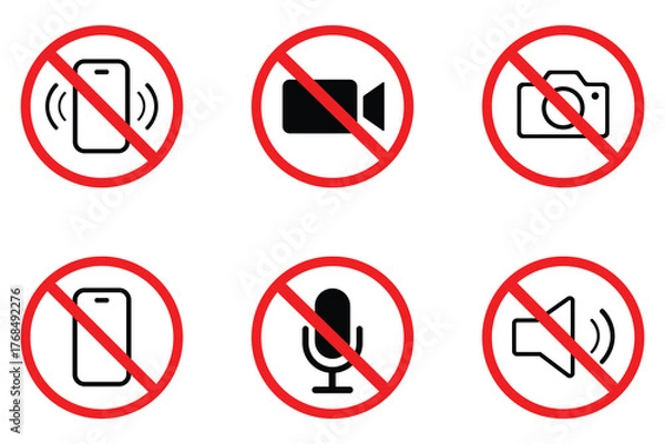 Obraz No phone, no camera, no camcorder. Mobile Phone prohibited. Prohibition warning sign. No photographing and filming prohibit icon logo collection. Vector illustration.