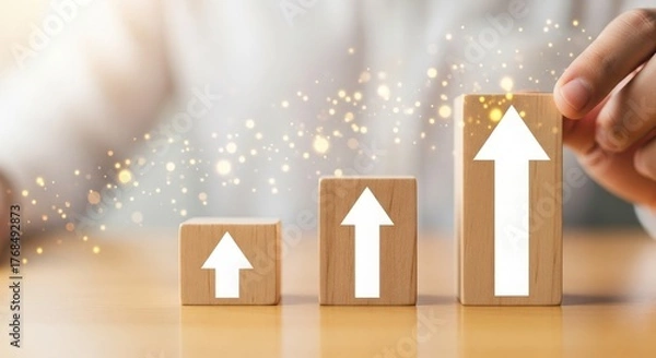 Fototapeta Wooden blocks with white arrows show business growth and investment success