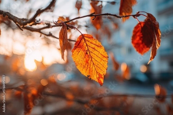 Fototapeta Golden autumn leaves glowing in warm sunset light