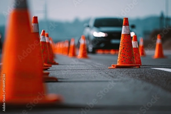 Obraz Orange cones mark a pathway on asphalt with a car approaching