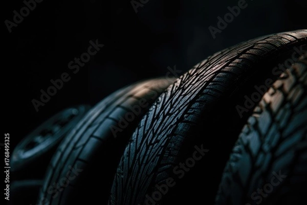 Fototapeta Close-up on stacked rubber tires with textured tread patterns in dim light