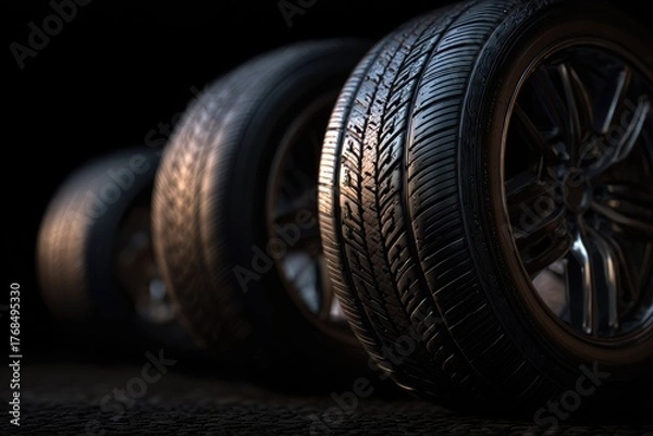 Fototapeta Row of car tires with detailed treads in dramatic lighting