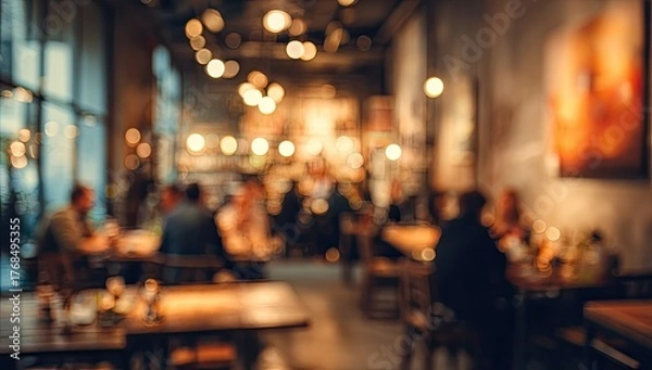 Fototapeta Warmly lit interior of a cozy cafe with blurred patrons