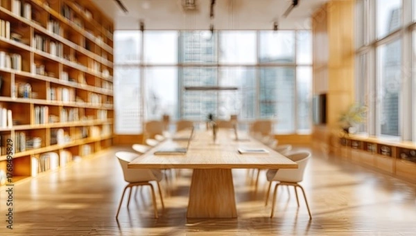 Fototapeta Modern library with abundant books, large table, and city view