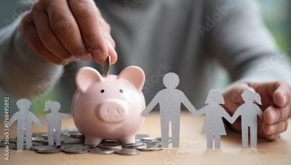 Fototapeta Person deposits coin into piggy bank with paper family figures
