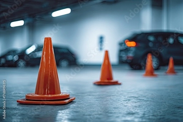 Fototapeta Orange traffic cones mark parking spots in an empty garage