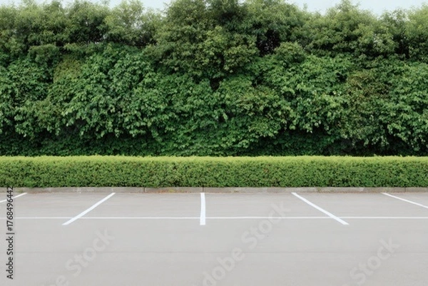 Fototapeta Empty parking lot bordered by lush green hedges and trees