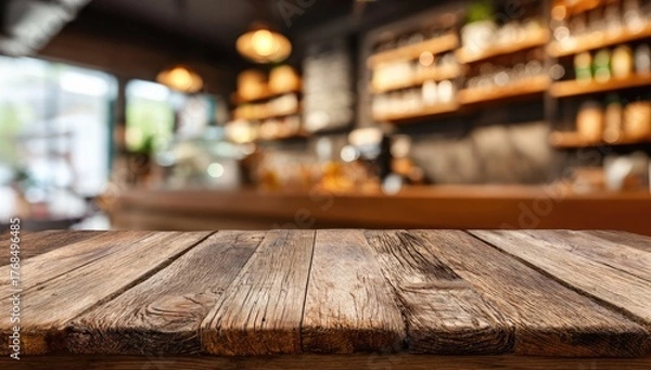 Fototapeta Warm, rustic wooden table in a softly blurred coffee shop background