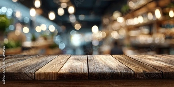 Fototapeta Rustic wooden table with blurred cafe interior bokeh lights background