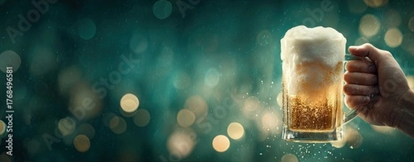 Fototapeta Hand holds frothy beer mug against a bokeh background