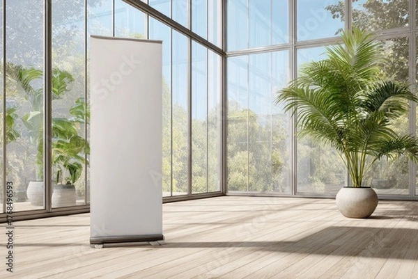 Fototapeta Blank vertical display stand in sunlit modern room with plants