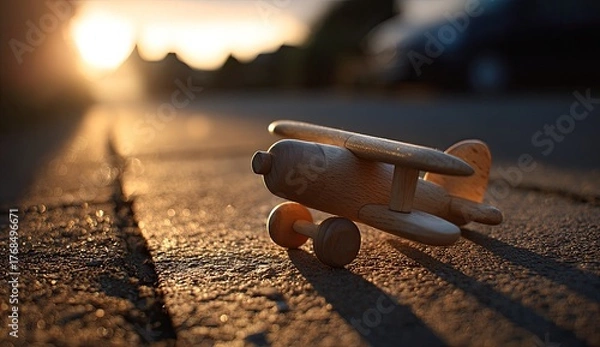 Fototapeta Wooden toy plane rests on a sidewalk as sun sets