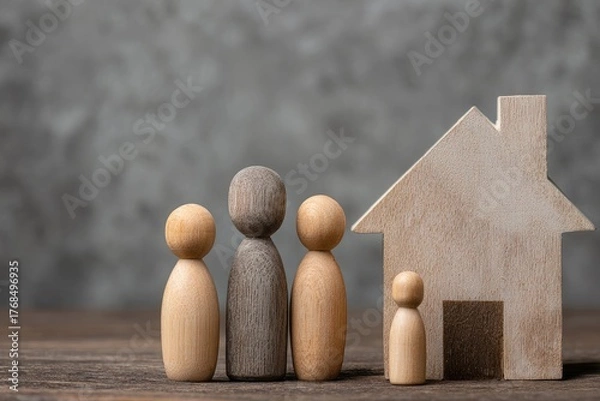 Fototapeta Wooden peg family and house silhouette represent home and belonging