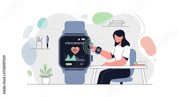 Fototapeta Woman monitoring stress levels with smartwatch technology in a modern setting showcasing health