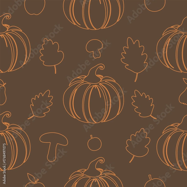 Fototapeta Outline pumpkin seamless pattern on brown background