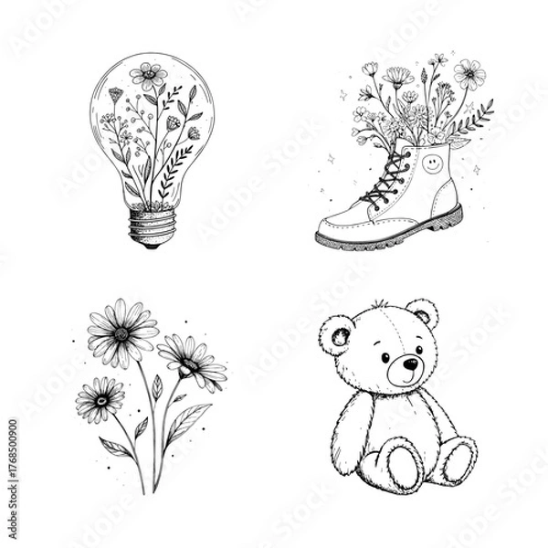 Fototapeta Black and white line art illustration set with floral lightbulb, boot with flowers, daisies, and teddy bear, minimalist hand-drawn collection
