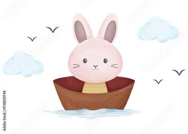 Obraz Funny Bunny with shipp background clouds and sea