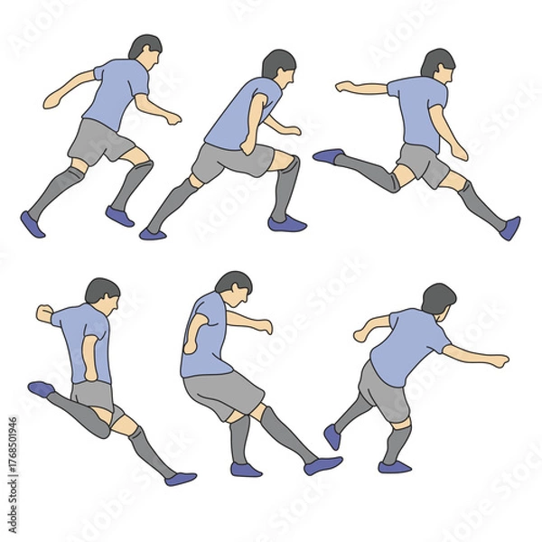 Fototapeta Male soccer player in uniform kicking ball illustration vector hand drawn with black lines