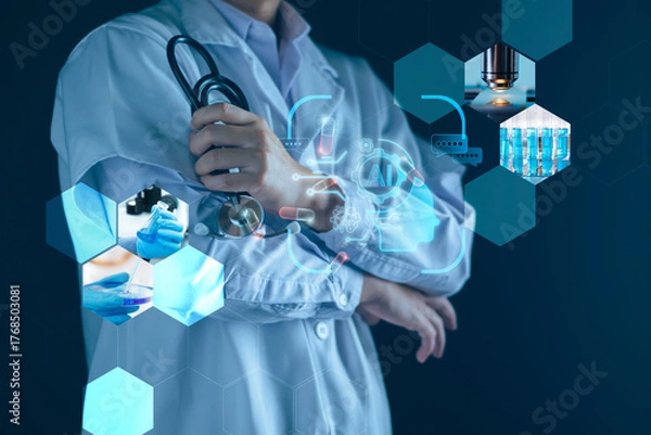Fototapeta Healthcare telemedicine technology, doctor use AI and telemedicine for diagnosis, care, health and treatment patient, Medical research and development innovation to improve healthcare
