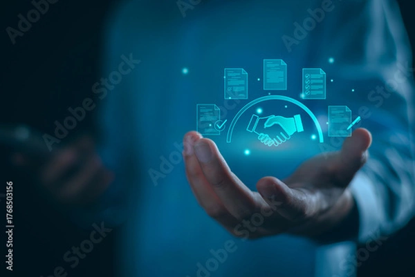 Fototapeta Businessman manage digital procurement process with business contract, invoice, approval documents checklist, representing sourcing, vendor management, supply chain.