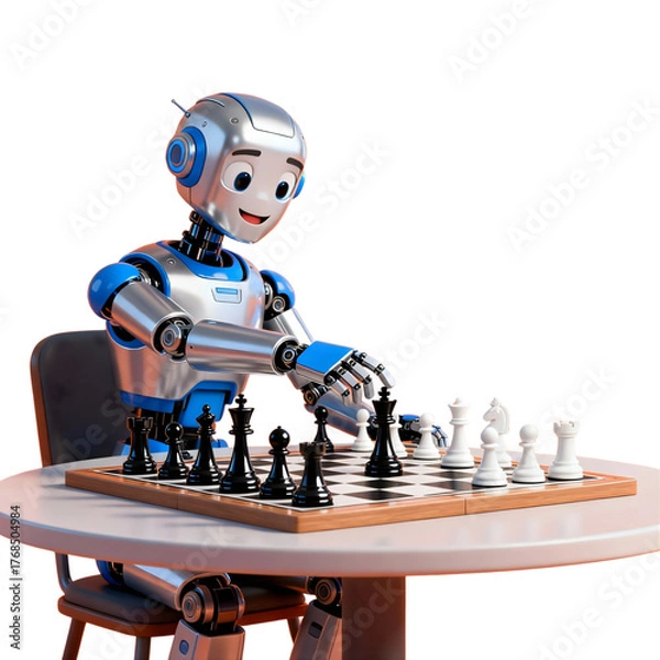 Fototapeta Robot playing chess on a table, showcasing artificial intelligence and strategy