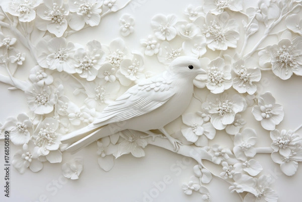 Obraz White Bas-relief with a bird