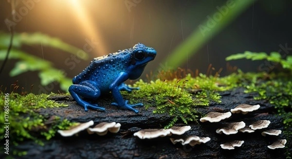 Fototapeta Vibrant blue poison dart frog perched on mossy log in lush rainforest with sunbeams