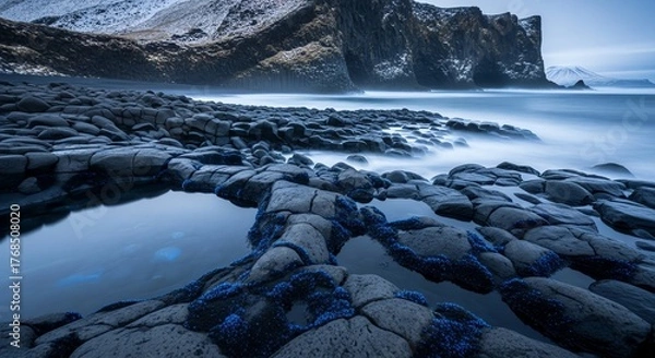 Fototapeta Dramatic coastal landscape with dark basalt rock formations and misty ocean waves