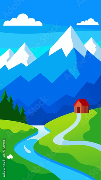 Obraz Idyllic mountain landscape with a winding river and a small cabin